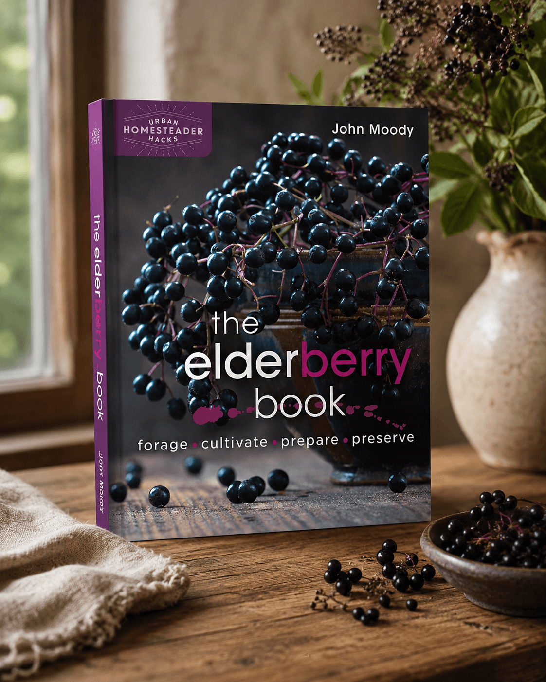 Fresh elderberry clusters and a bowl of berries beside The Elderberry Book on a wooden table