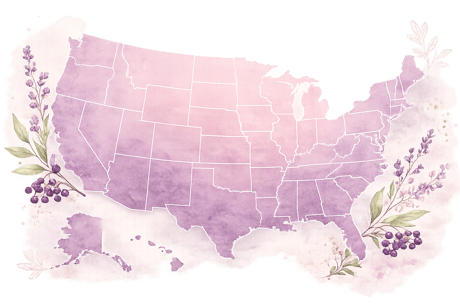 Watercolor map of the United States decorated with elderberry sprigs