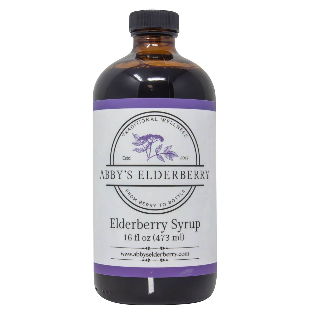 A bottle of Abby's Elderberry small-batch elderberry syrup