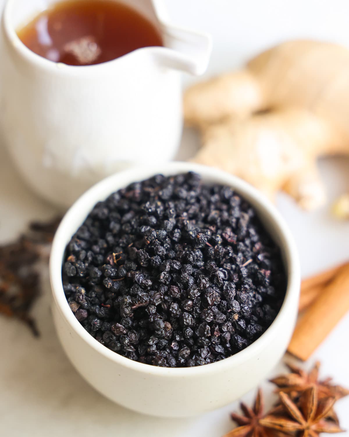 Dried organic elderberries used in Abby's Elderberry syrup, teas, and tinctures