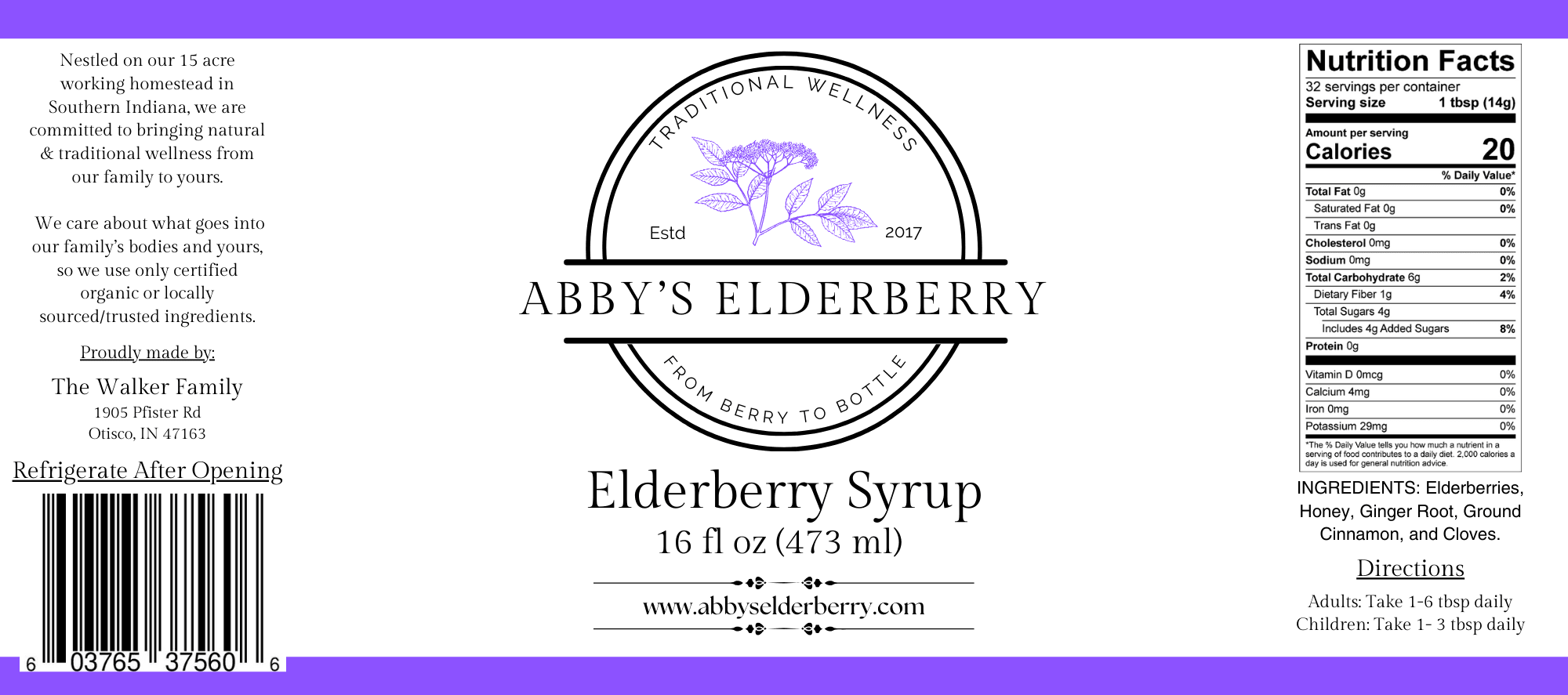 Shelf stable and refrigerated bottles of Abby's Elderberry small-batch elderberry syrup