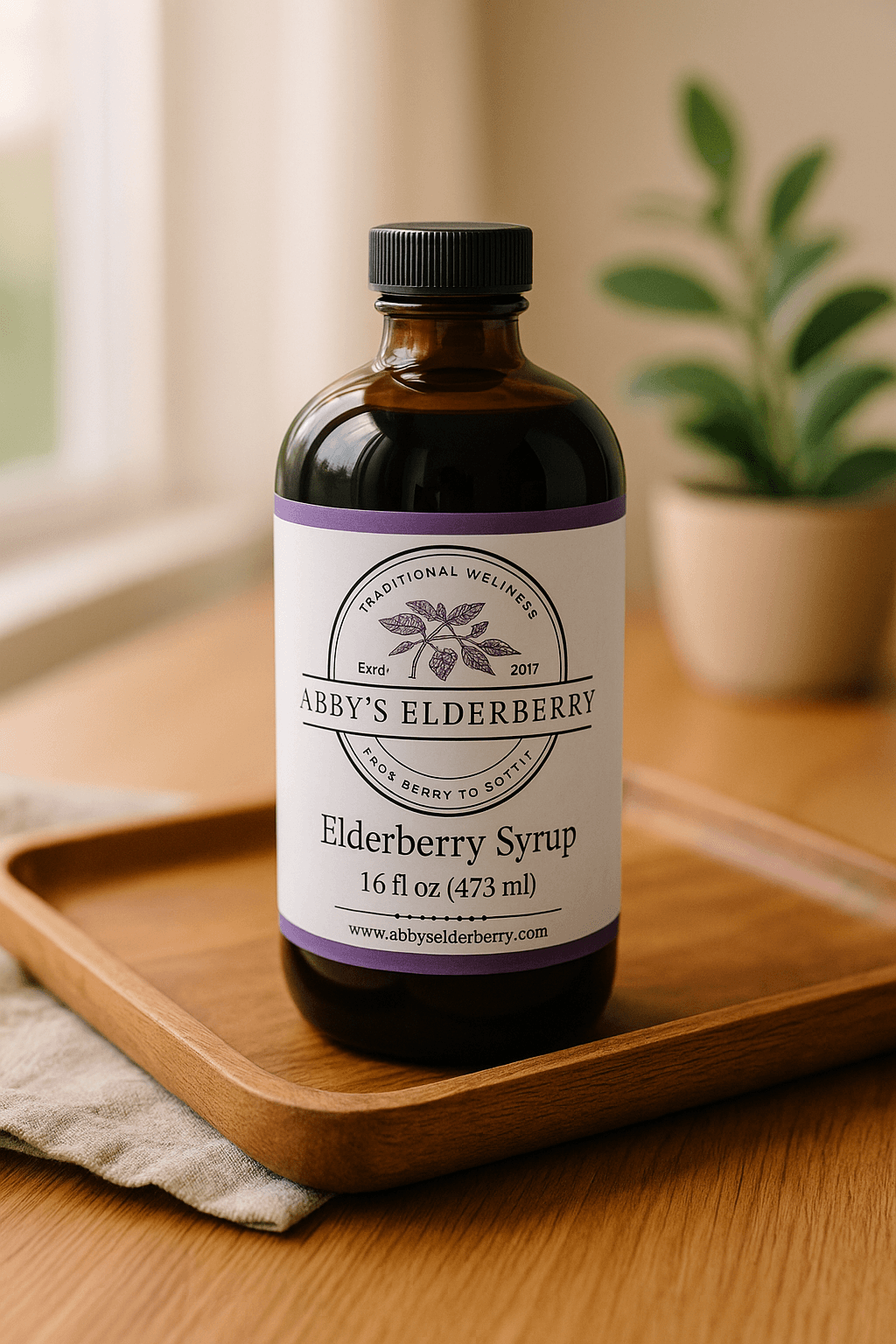 Bottle of Abby's Elderberry small-batch elderberry syrup made with organic elderberries
